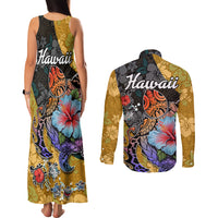Hawaii Polynesian Couples Matching Tank Maxi Dress and Long Sleeve Button Shirts Turtles and Hibiscus Flower Gradient Pattern TS04 - Polynesian Pride