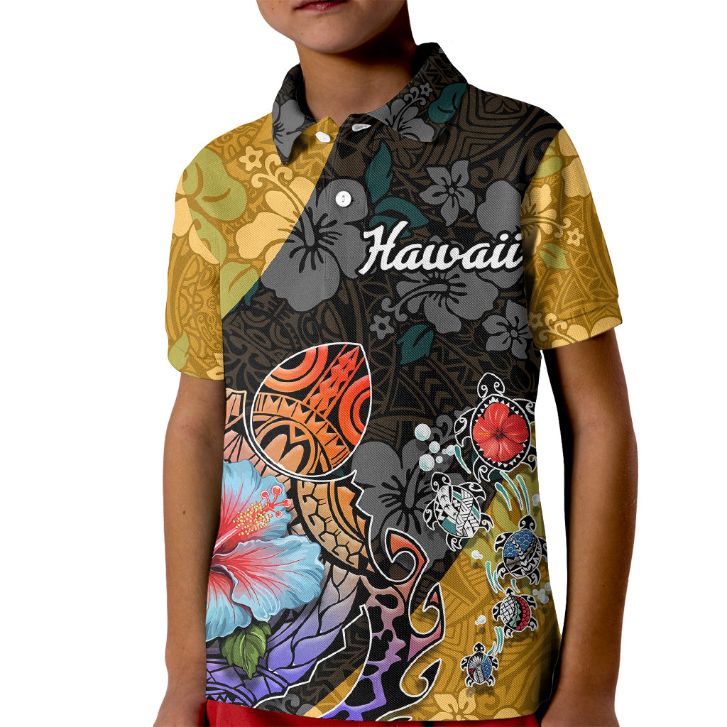 Hawaii Polynesian Kid Polo Shirt Turtles and Hibiscus Flower Gradient Pattern TS04 Kid Multicolor - Polynesian Pride