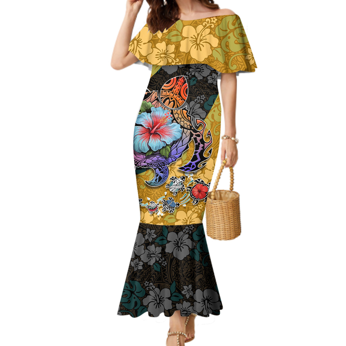 Hawaii Polynesian Mermaid Dress Turtles and Hibiscus Flower Gradient Pattern TS04 Women Multicolor - Polynesian Pride