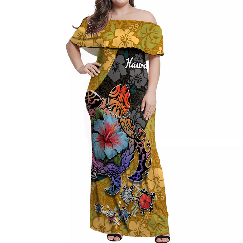 Hawaii Polynesian Off Shoulder Maxi Dress Turtles and Hibiscus Flower Gradient Pattern TS04 Women Multicolor - Polynesian Pride
