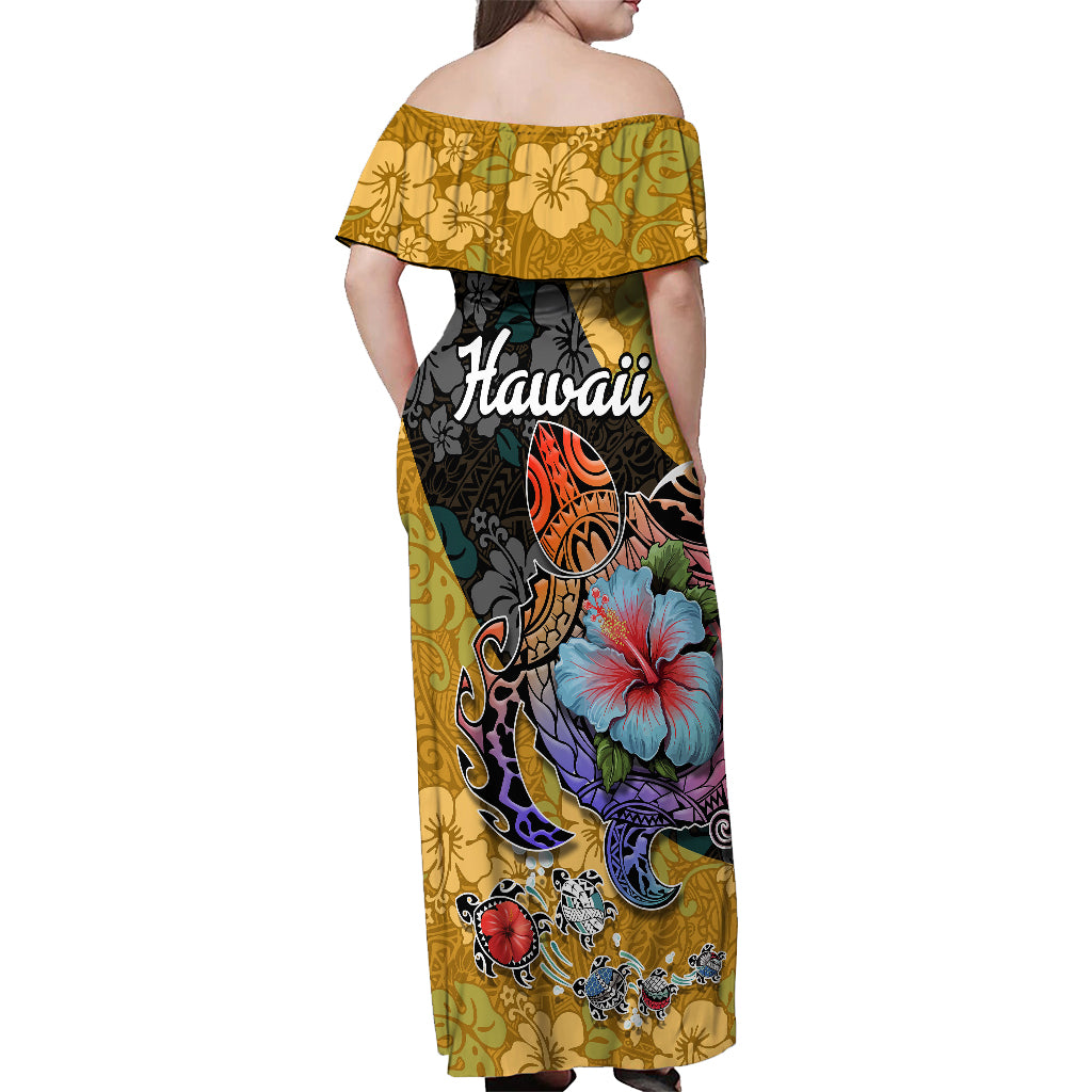 Hawaii Polynesian Off Shoulder Maxi Dress Turtles and Hibiscus Flower Gradient Pattern TS04 - Polynesian Pride