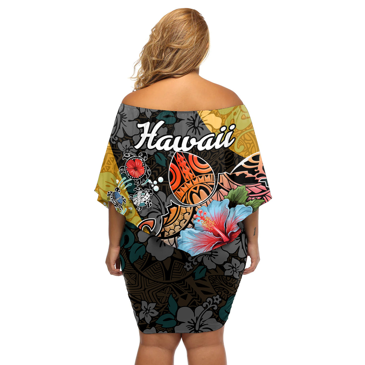 Hawaii Polynesian Off Shoulder Short Dress Turtles and Hibiscus Flower Gradient Pattern TS04 - Polynesian Pride