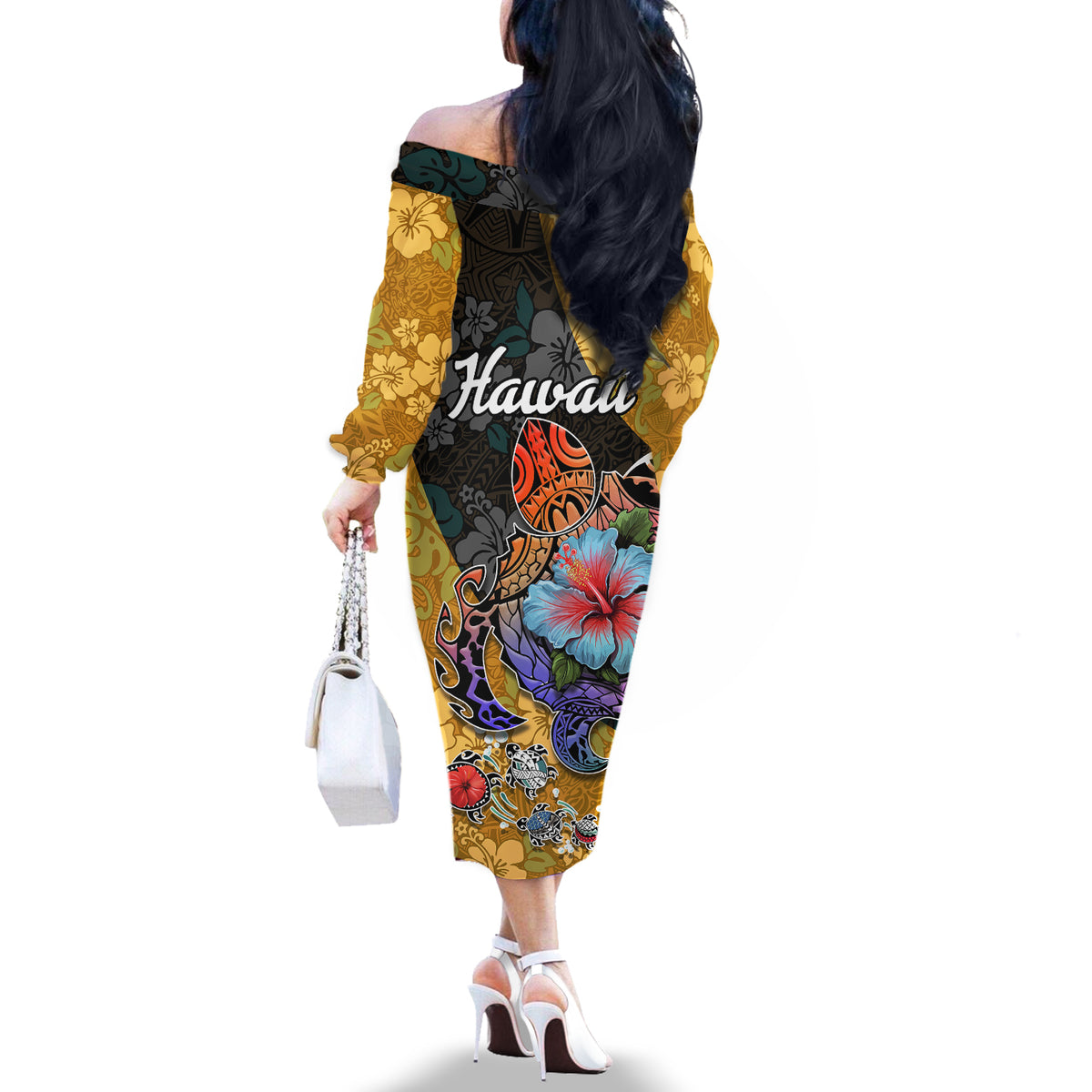 Hawaii Polynesian Off The Shoulder Long Sleeve Dress Turtles and Hibiscus Flower Gradient Pattern TS04 - Polynesian Pride