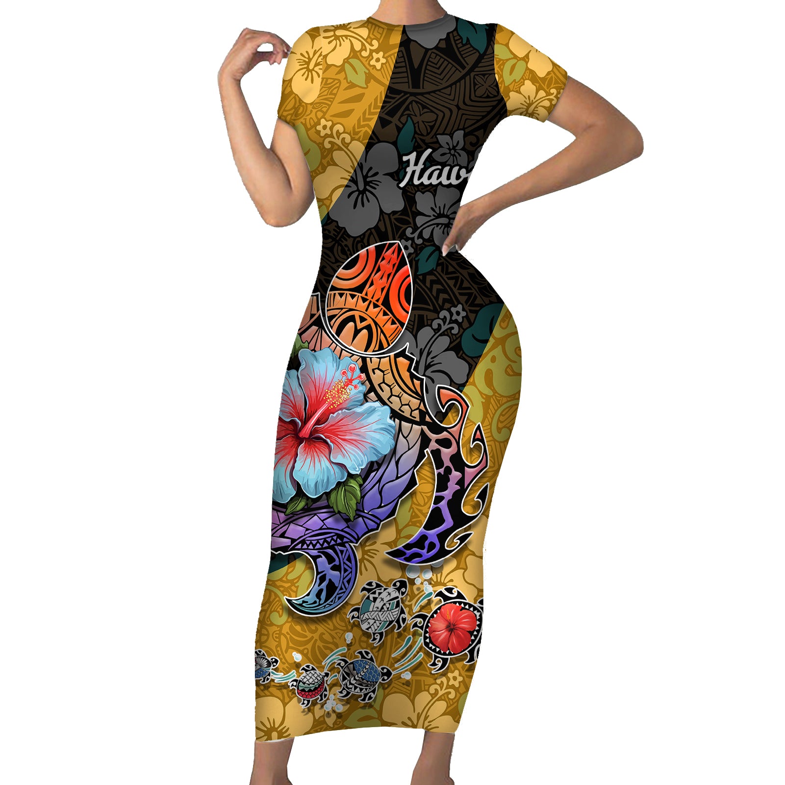 Hawaii Polynesian Short Sleeve Bodycon Dress Turtles and Hibiscus Flower Gradient Pattern TS04 Long Dress Multicolor - Polynesian Pride