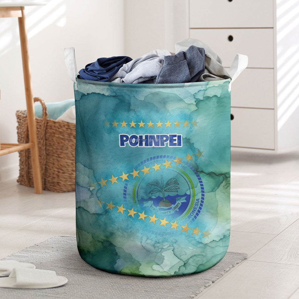 Pohnpei Federated States Of Micronesia Laundry Basket Watercolor Heritage Graphic Art With State Seal And Tropical Stars