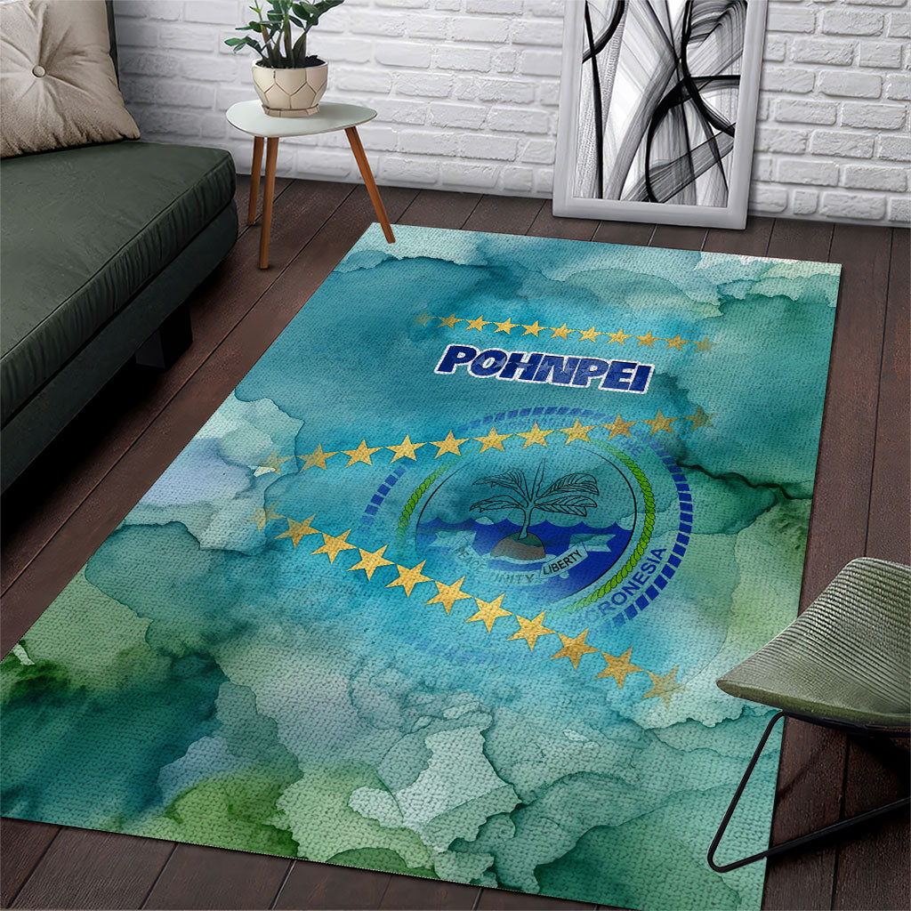 Pohnpei Federated States Of Micronesia Area Rug Watercolor Heritage Graphic Art With State Seal And Tropical Stars