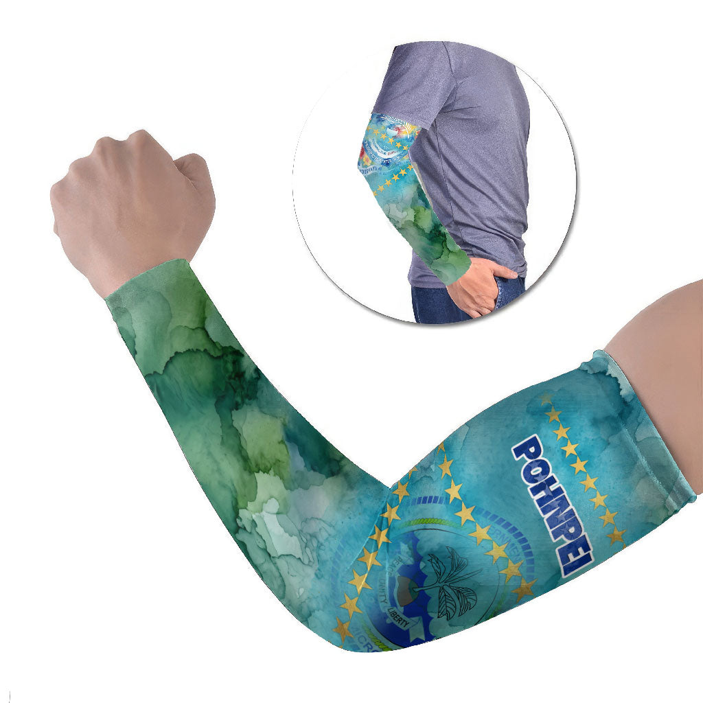 Pohnpei Federated States Of Micronesia Arm Sleeves Watercolor Heritage Graphic Art With State Seal And Tropical Stars
