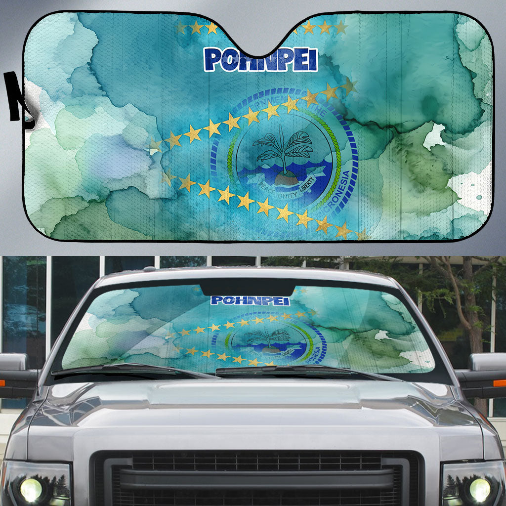 Pohnpei Federated States Of Micronesia Auto Sun Shade Watercolor Heritage Graphic Art With State Seal And Tropical Stars