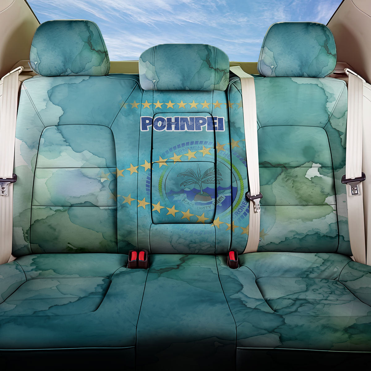 Pohnpei Federated States Of Micronesia Back Car Seat Cover Watercolor Heritage Graphic Art With State Seal And Tropical Stars