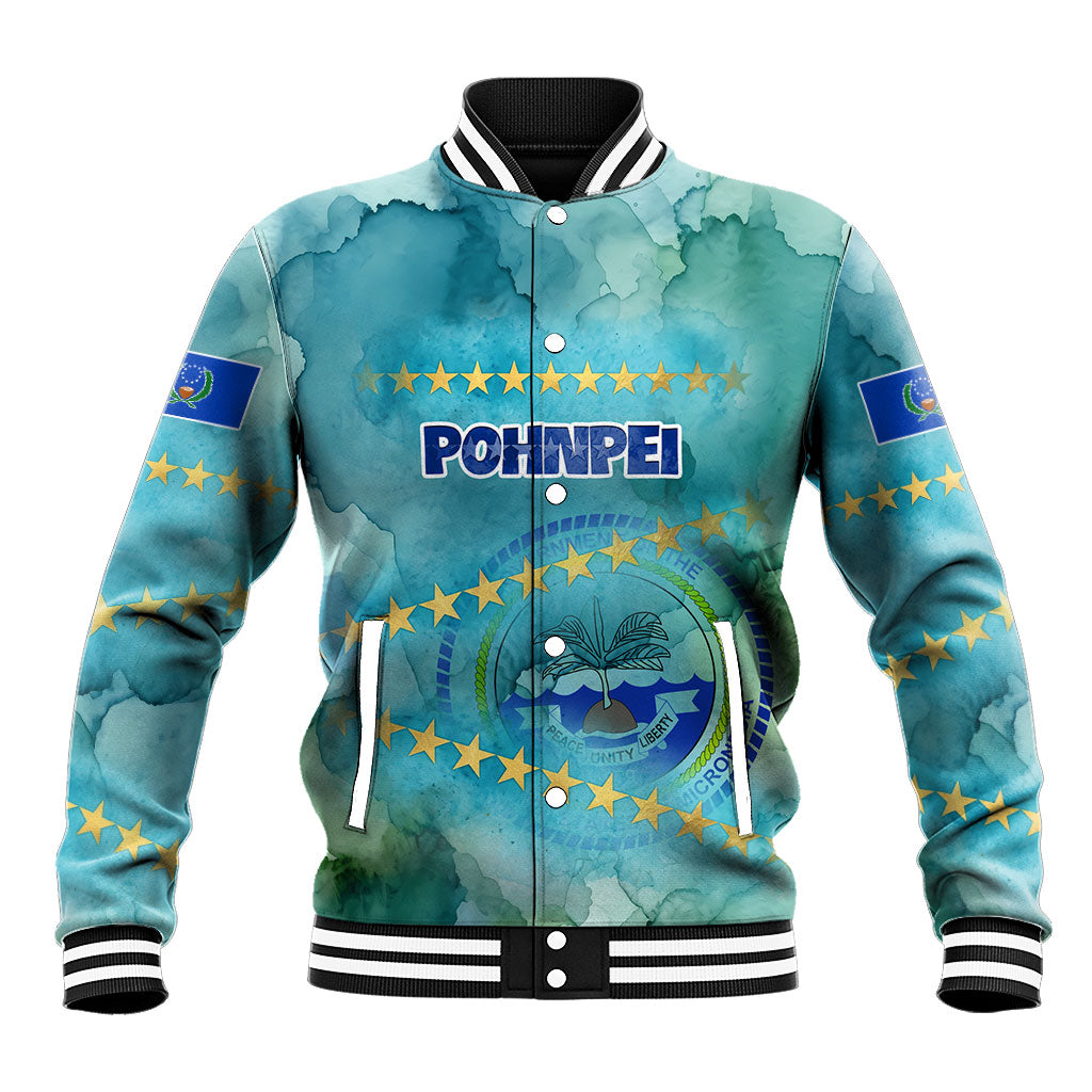 Pohnpei Federated States Of Micronesia Baseball Jacket Watercolor Heritage Graphic Art With State Seal And Tropical Stars