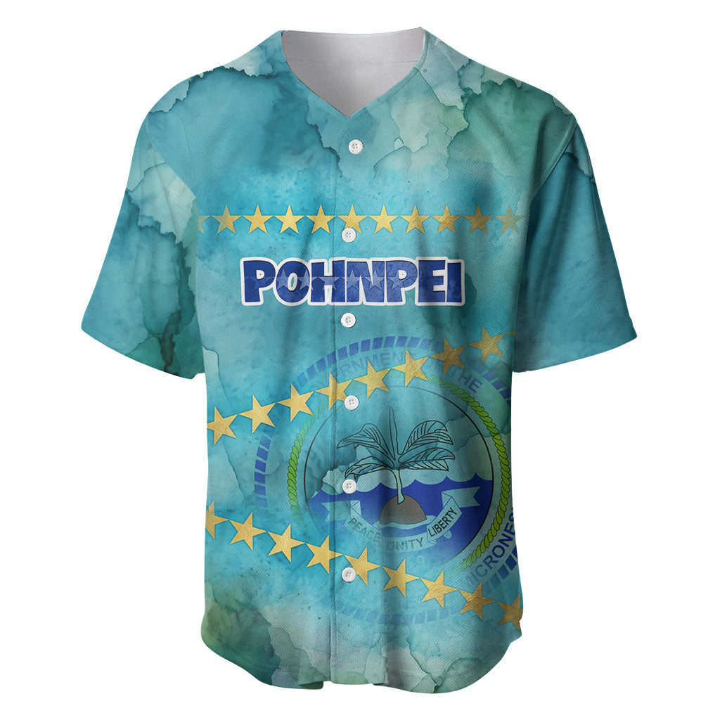Pohnpei Federated States Of Micronesia Baseball Jersey Watercolor Heritage Graphic Art With State Seal And Tropical Stars