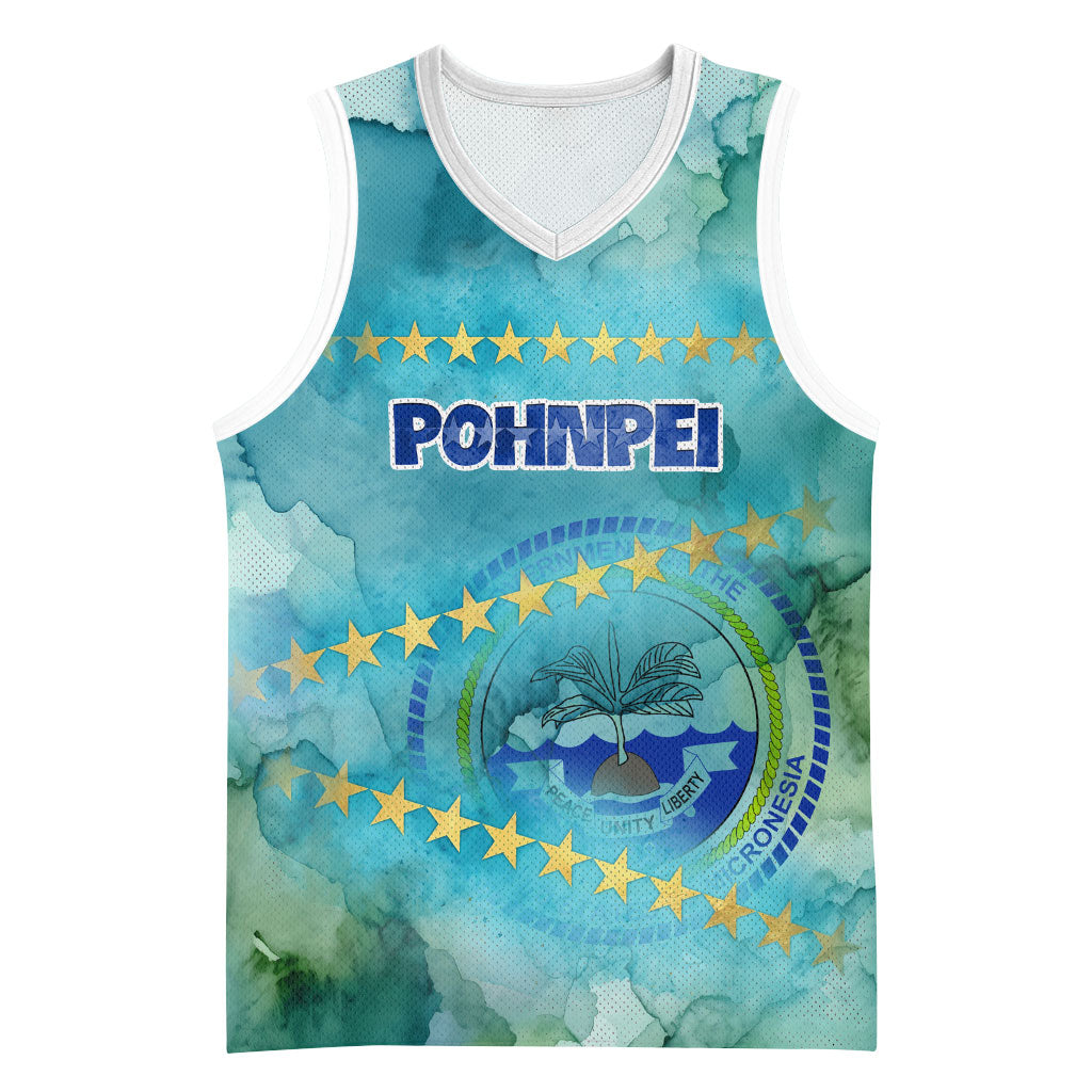 Pohnpei Federated States Of Micronesia Basketball Jersey Watercolor Heritage Graphic Art With State Seal And Tropical Stars