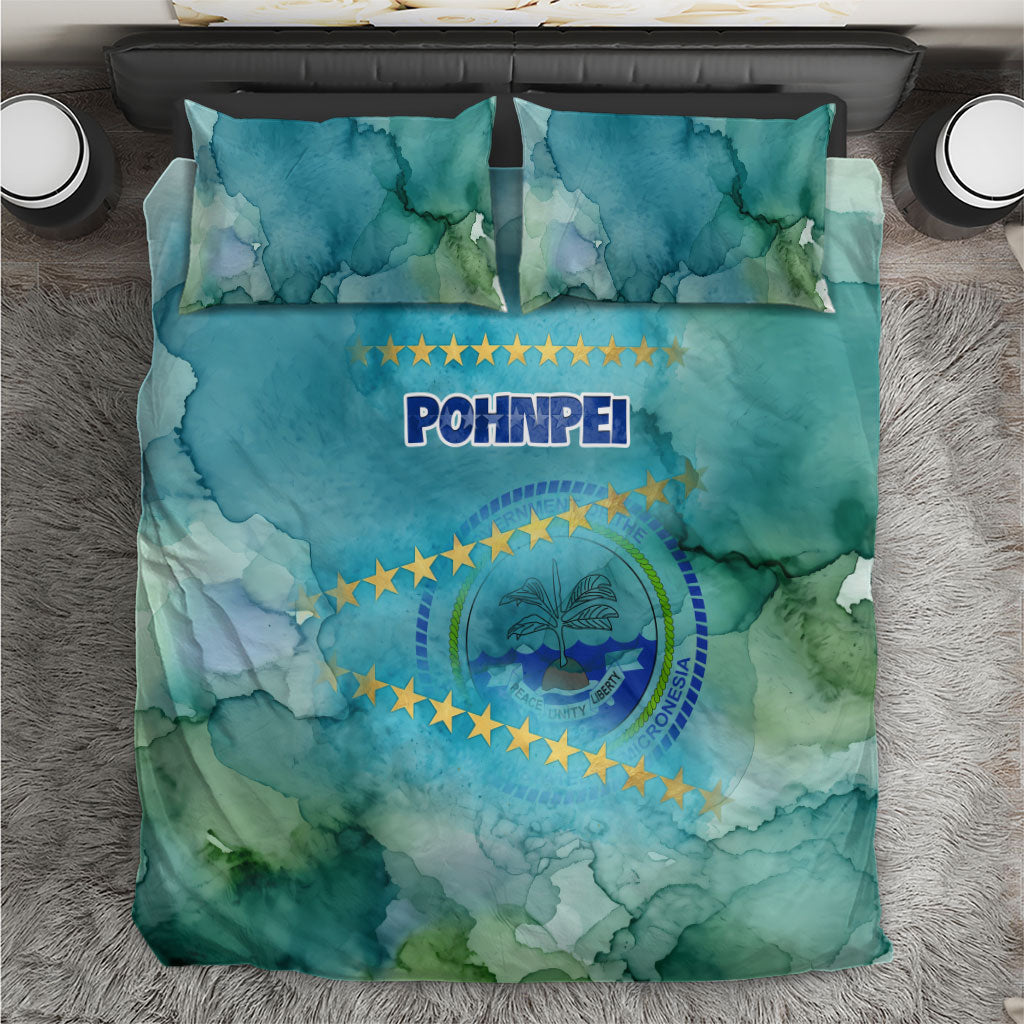 Pohnpei Federated States Of Micronesia Bedding Set Watercolor Heritage Graphic Art With State Seal And Tropical Stars