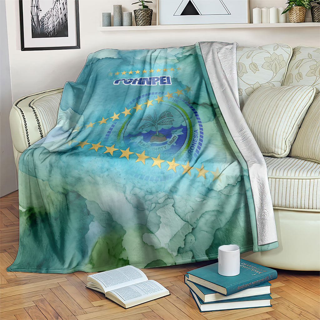 Pohnpei Federated States Of Micronesia Blanket Watercolor Heritage Graphic Art With State Seal And Tropical Stars