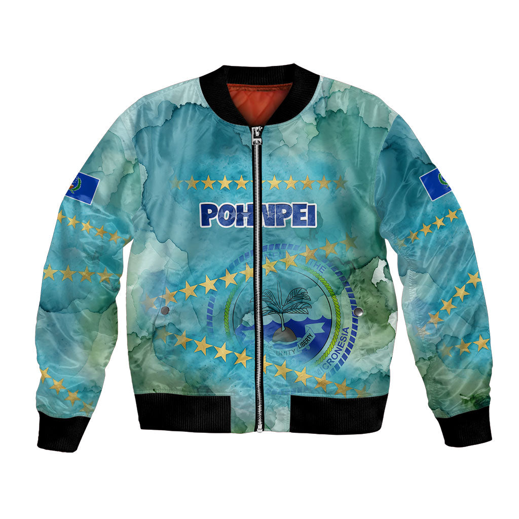 Pohnpei Federated States Of Micronesia Bomber Jacket Watercolor Heritage Graphic Art With State Seal And Tropical Stars