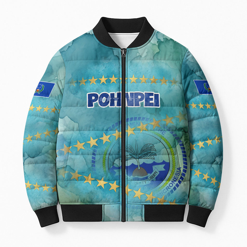 Pohnpei Federated States Of Micronesia Bomber Puffer Jacket Watercolor Heritage Graphic Art With State Seal And Tropical Stars