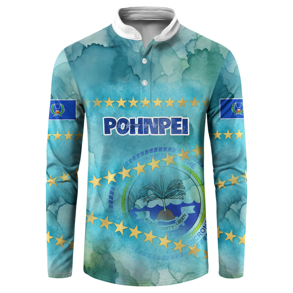 Pohnpei Federated States Of Micronesia Button Sweatshirt Watercolor Heritage Graphic Art With State Seal And Tropical Stars