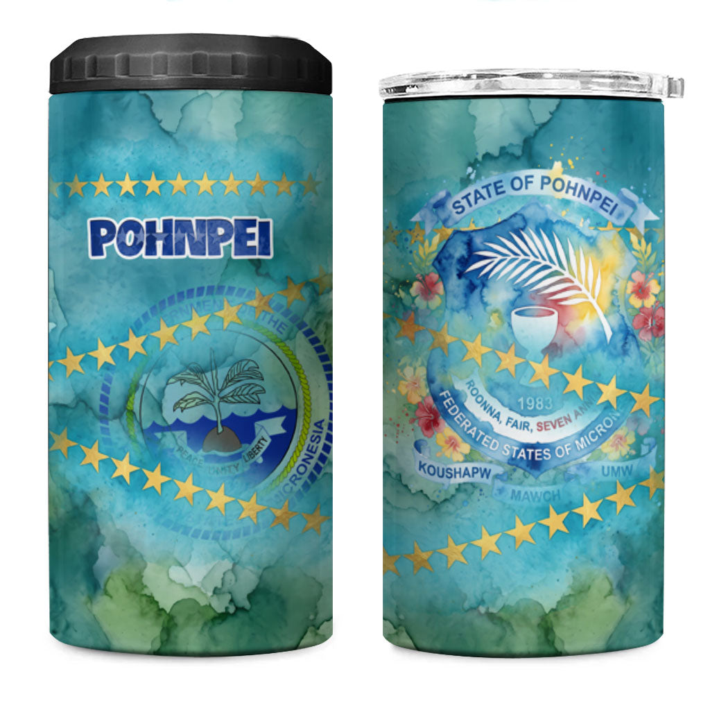 Pohnpei Federated States Of Micronesia 4 in 1 Can Cooler Tumbler Watercolor Heritage Graphic Art With State Seal And Tropical Stars