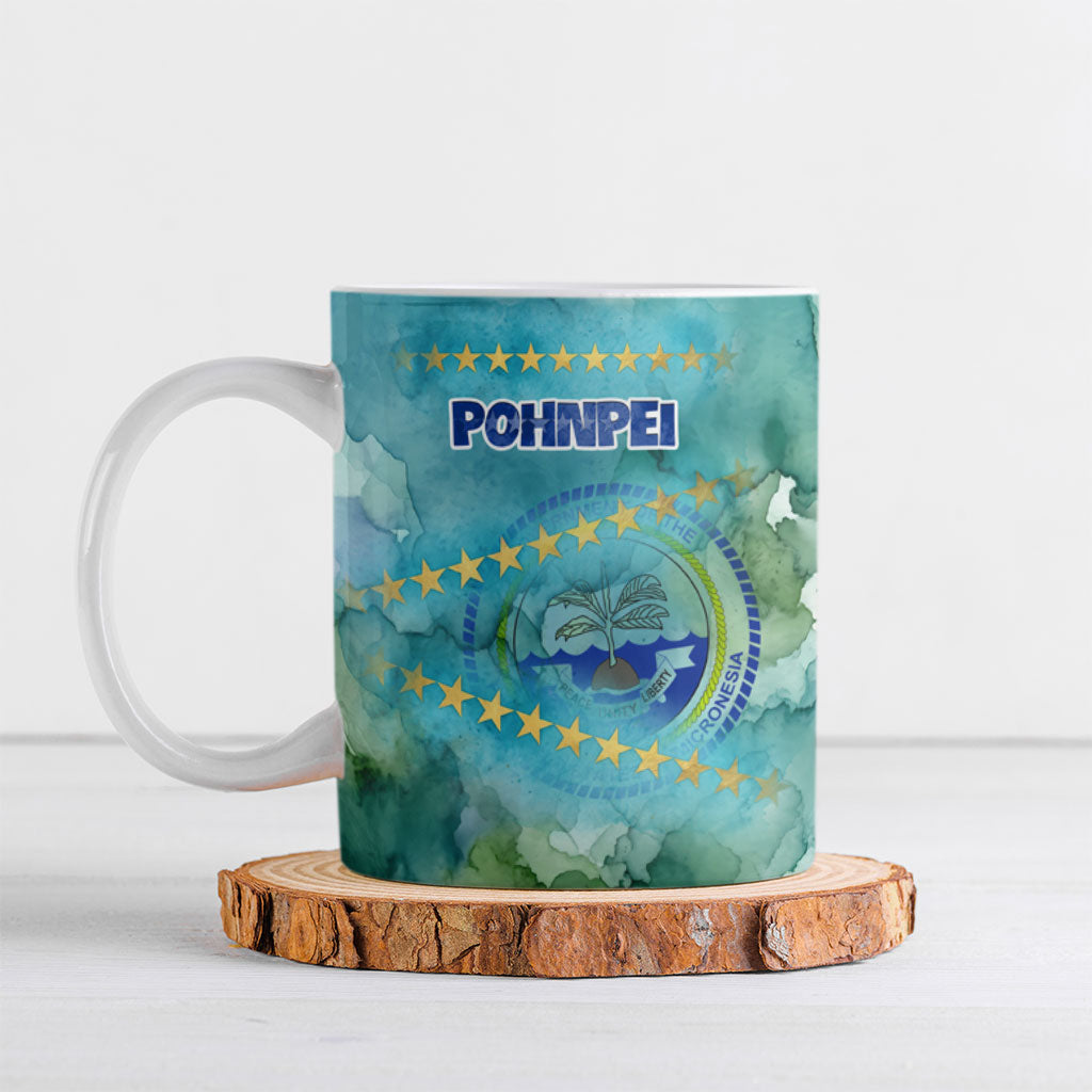 Pohnpei Federated States Of Micronesia Ceramic Mug Watercolor Heritage Graphic Art With State Seal And Tropical Stars