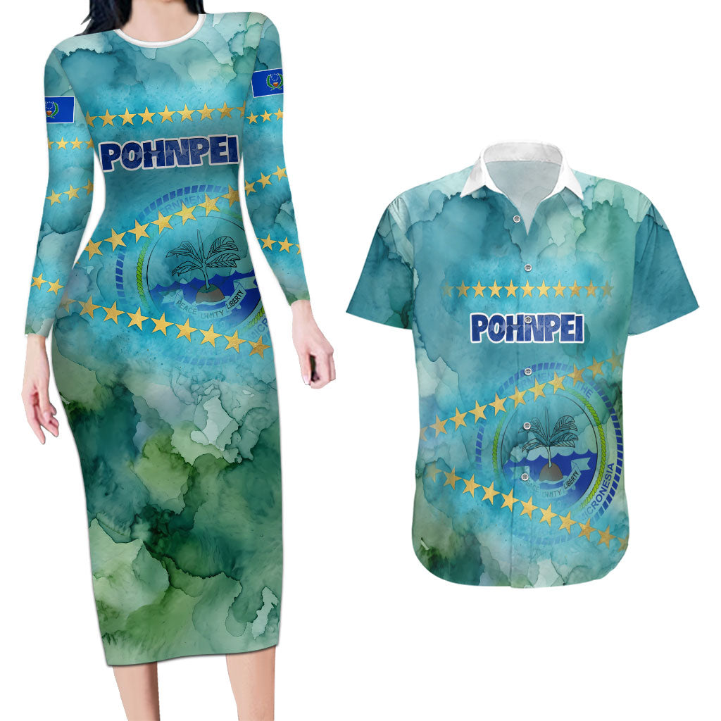 Pohnpei Federated States Of Micronesia Couples Matching Long Sleeve Bodycon Dress and Hawaiian Shirt Watercolor Heritage Graphic Art With State Seal And Tropical Stars