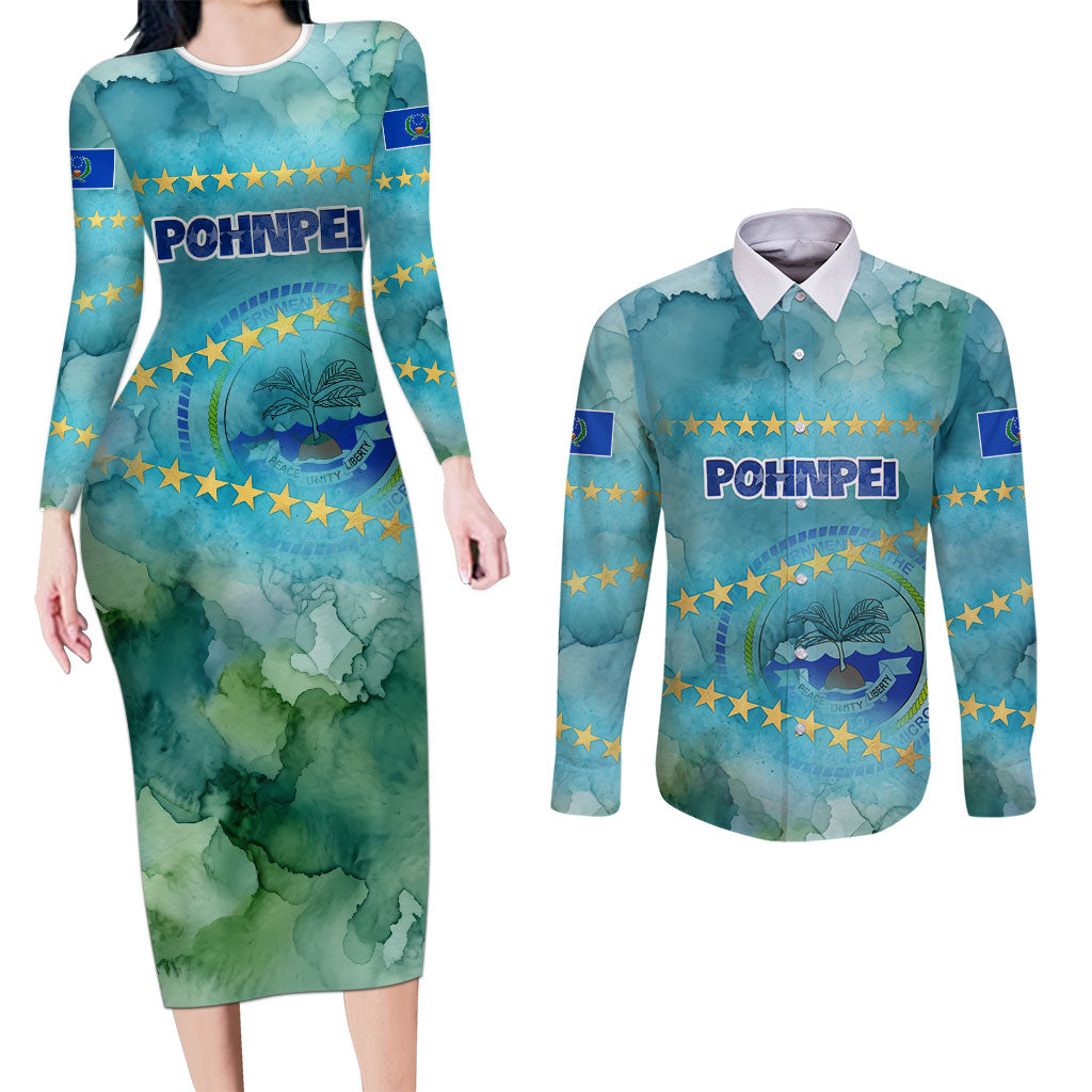 Pohnpei Federated States Of Micronesia Couples Matching Long Sleeve Bodycon Dress and Long Sleeve Button Shirt Watercolor Heritage Graphic Art With State Seal And Tropical Stars