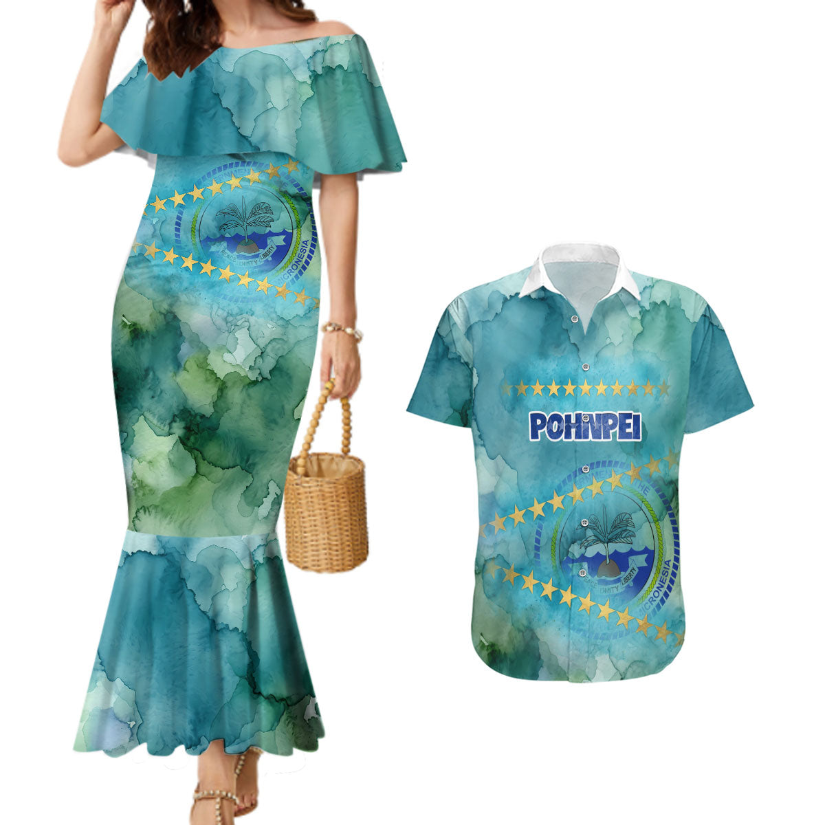Pohnpei Federated States Of Micronesia Couples Matching Mermaid Dress and Hawaiian Shirt Watercolor Heritage Graphic Art With State Seal And Tropical Stars