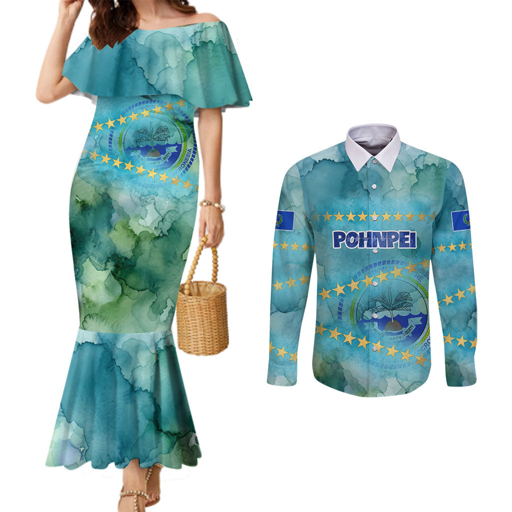 Pohnpei Federated States Of Micronesia Couples Matching Mermaid Dress and Long Sleeve Button Shirt Watercolor Heritage Graphic Art With State Seal And Tropical Stars