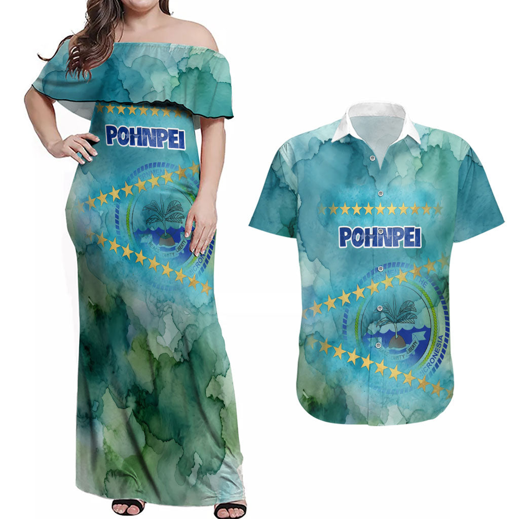 Pohnpei Federated States Of Micronesia Couples Matching Off Shoulder Maxi Dress and Hawaiian Shirt Watercolor Heritage Graphic Art With State Seal And Tropical Stars
