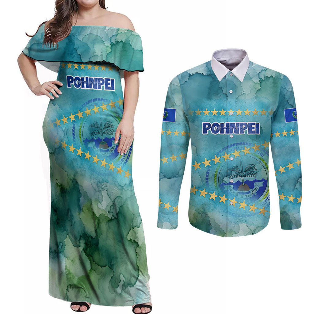 Pohnpei Federated States Of Micronesia Couples Matching Off Shoulder Maxi Dress and Long Sleeve Button Shirt Watercolor Heritage Graphic Art With State Seal And Tropical Stars