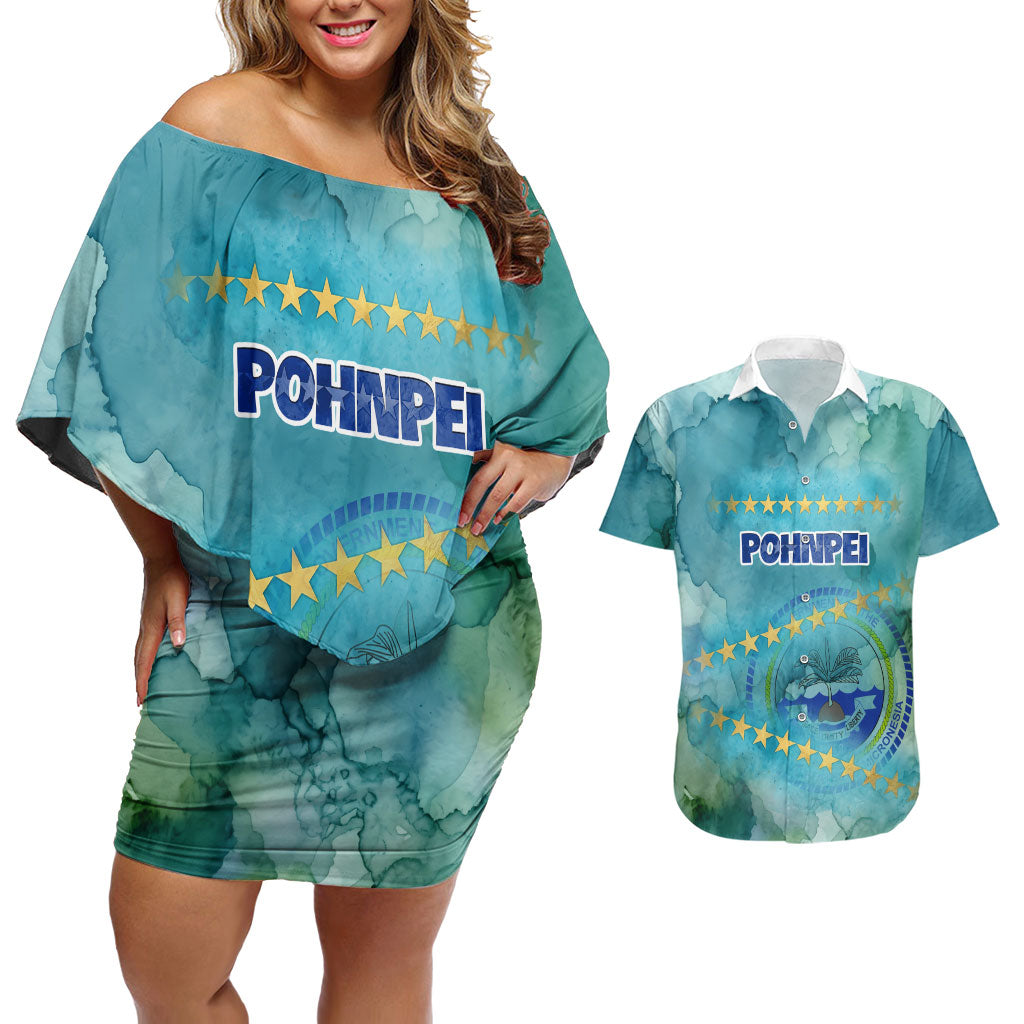 Pohnpei Federated States Of Micronesia Couples Matching Off Shoulder Short Dress and Hawaiian Shirt Watercolor Heritage Graphic Art With State Seal And Tropical Stars