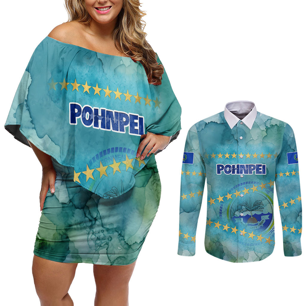 Pohnpei Federated States Of Micronesia Couples Matching Off Shoulder Short Dress and Long Sleeve Button Shirt Watercolor Heritage Graphic Art With State Seal And Tropical Stars