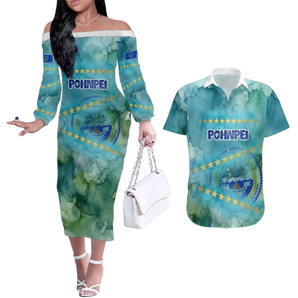 Pohnpei Federated States Of Micronesia Couples Matching Off The Shoulder Long Sleeve Dress and Hawaiian Shirt Watercolor Heritage Graphic Art With State Seal And Tropical Stars