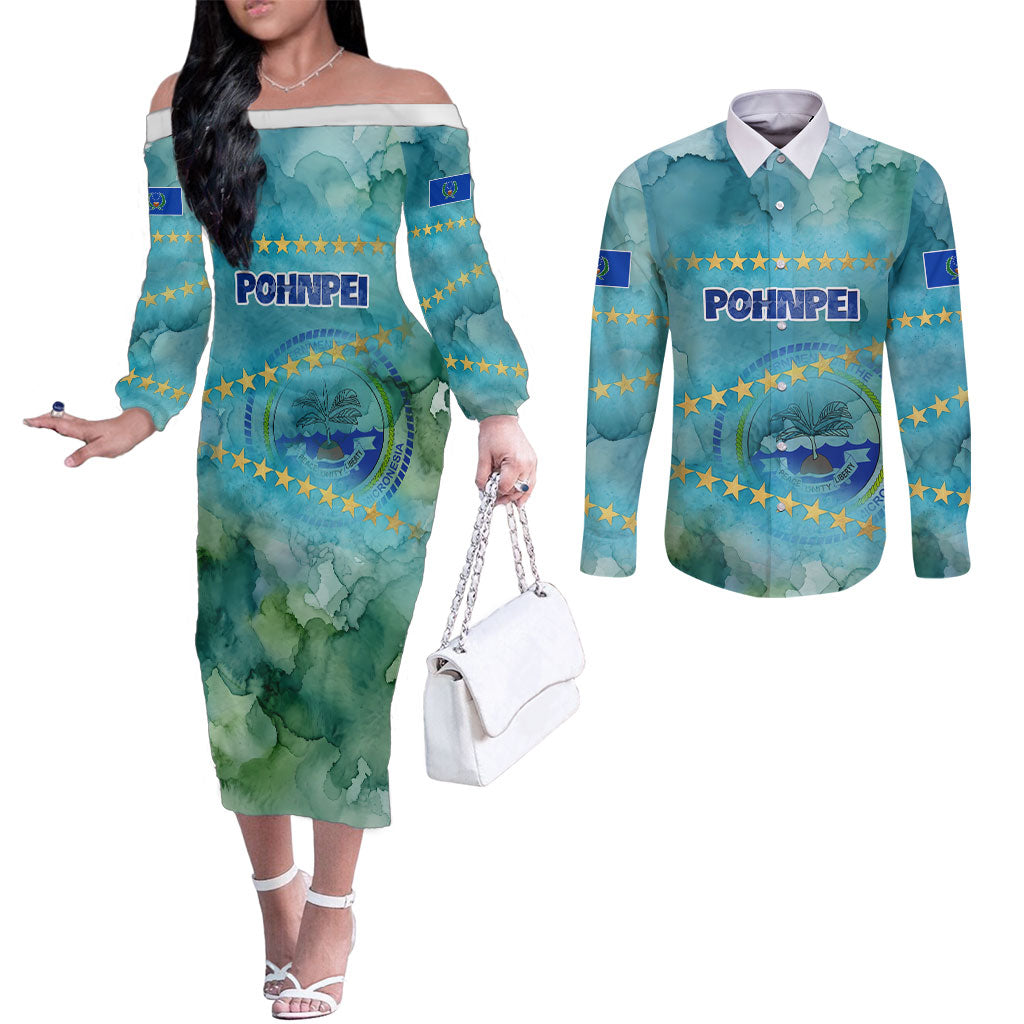 Pohnpei Federated States Of Micronesia Couples Matching Off The Shoulder Long Sleeve Dress and Long Sleeve Button Shirt Watercolor Heritage Graphic Art With State Seal And Tropical Stars
