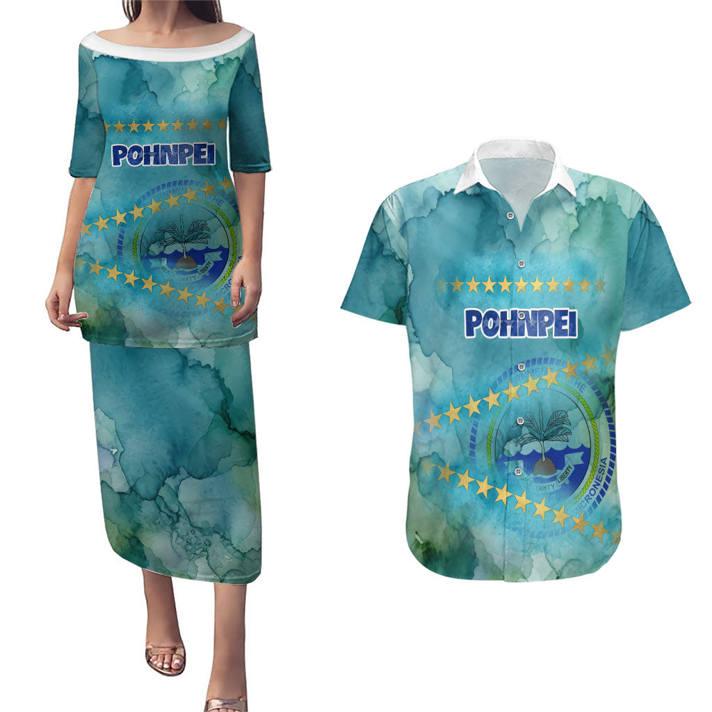 Pohnpei Federated States Of Micronesia Couples Matching Puletasi and Hawaiian Shirt Watercolor Heritage Graphic Art With State Seal And Tropical Stars