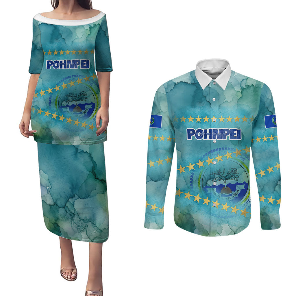Pohnpei Federated States Of Micronesia Couples Matching Puletasi and Long Sleeve Button Shirt Watercolor Heritage Graphic Art With State Seal And Tropical Stars