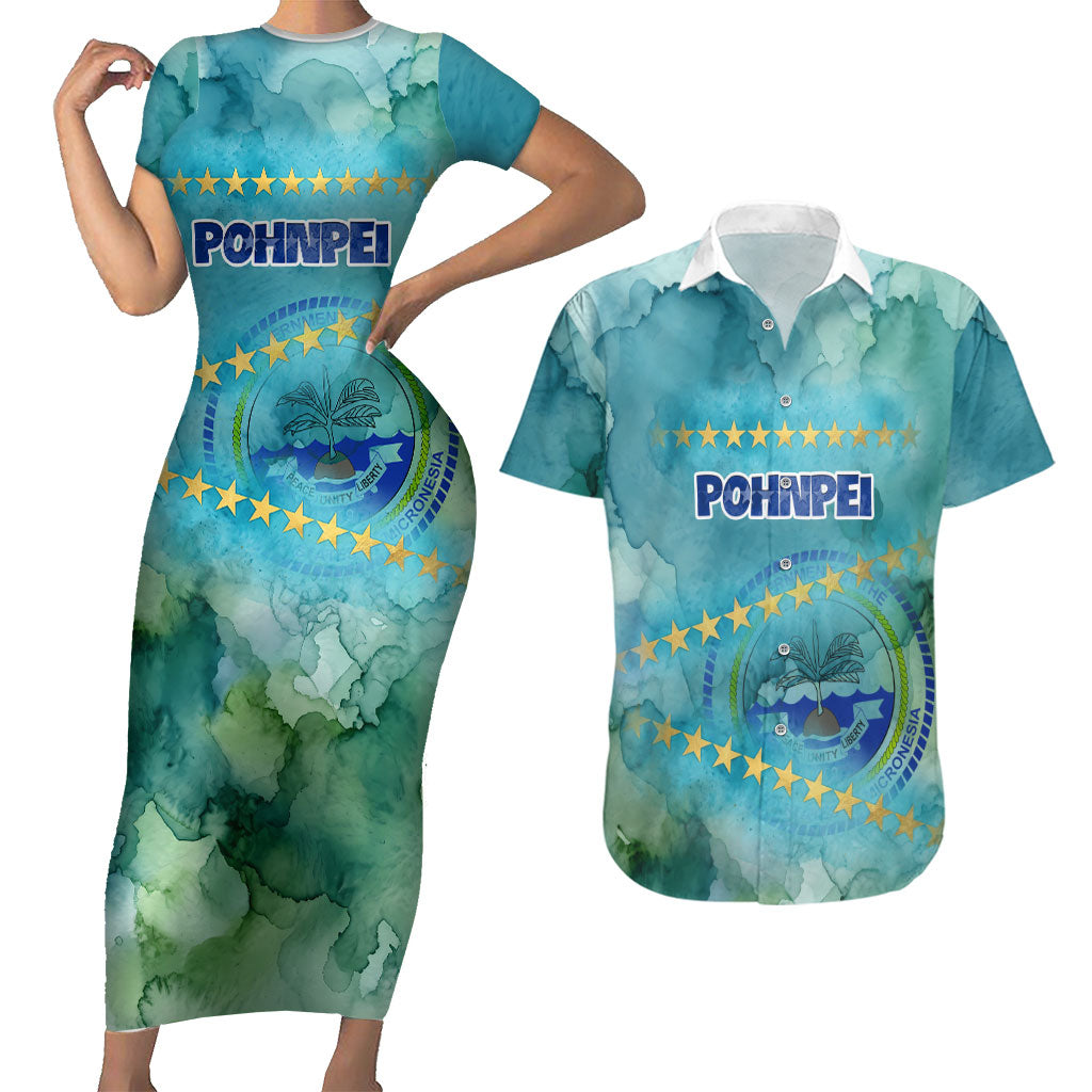 Pohnpei Federated States Of Micronesia Couples Matching Short Sleeve Bodycon Dress and Hawaiian Shirt Watercolor Heritage Graphic Art With State Seal And Tropical Stars
