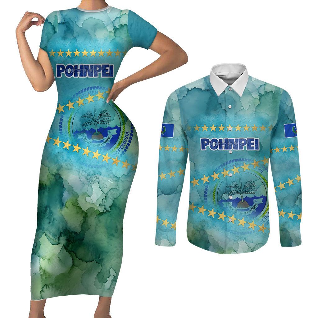 Pohnpei Federated States Of Micronesia Couples Matching Short Sleeve Bodycon Dress and Long Sleeve Button Shirt Watercolor Heritage Graphic Art With State Seal And Tropical Stars