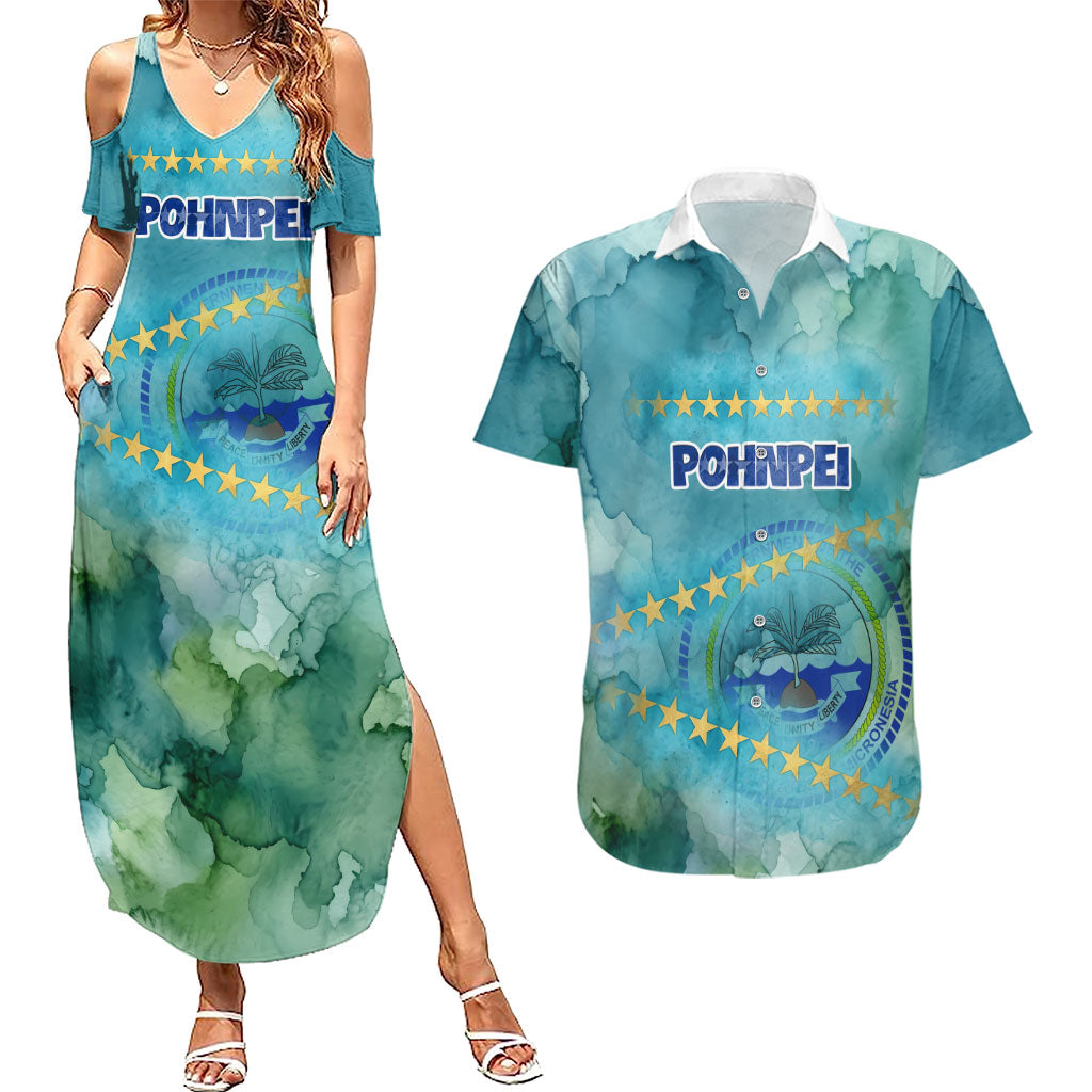 Pohnpei Federated States Of Micronesia Couples Matching Summer Maxi Dress and Hawaiian Shirt Watercolor Heritage Graphic Art With State Seal And Tropical Stars