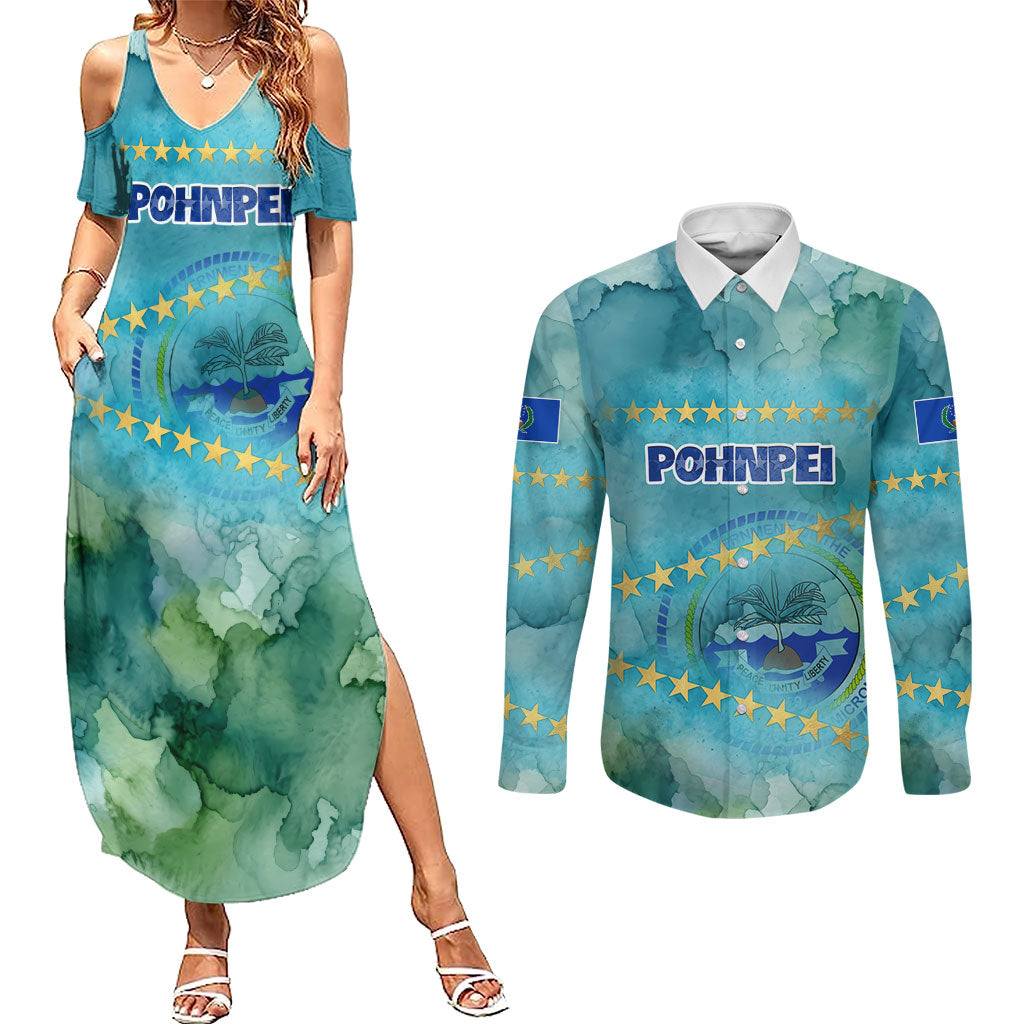 Pohnpei Federated States Of Micronesia Couples Matching Summer Maxi Dress and Long Sleeve Button Shirt Watercolor Heritage Graphic Art With State Seal And Tropical Stars