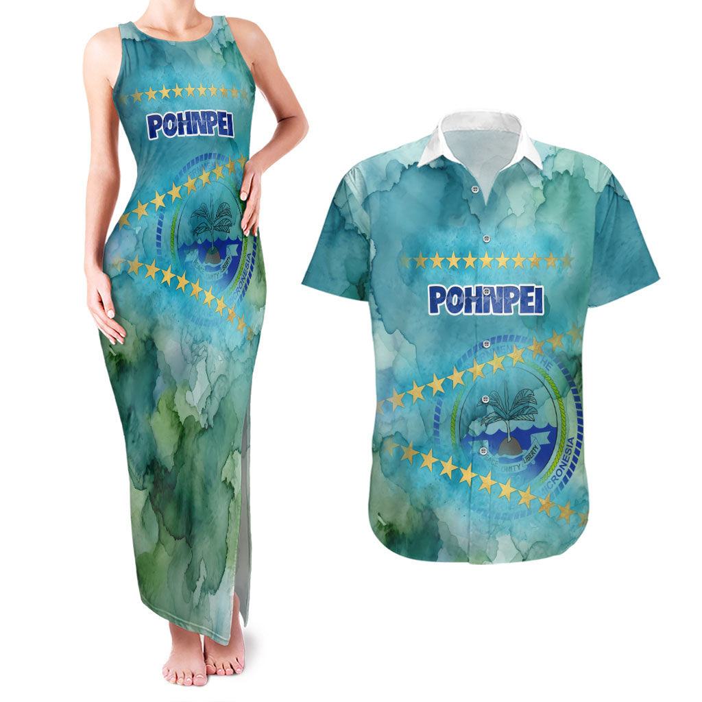 Pohnpei Federated States Of Micronesia Couples Matching Tank Maxi Dress and Hawaiian Shirt Watercolor Heritage Graphic Art With State Seal And Tropical Stars