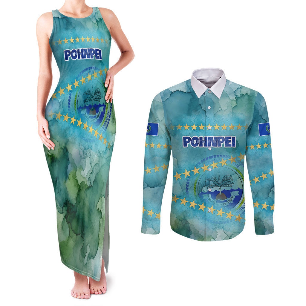 Pohnpei Federated States Of Micronesia Couples Matching Tank Maxi Dress and Long Sleeve Button Shirt Watercolor Heritage Graphic Art With State Seal And Tropical Stars