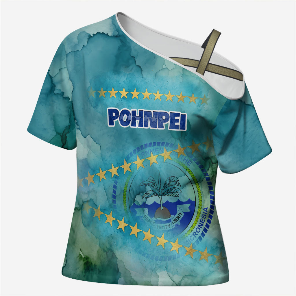 Pohnpei Federated States Of Micronesia Cross Shoulder Shirt Watercolor Heritage Graphic Art With State Seal And Tropical Stars