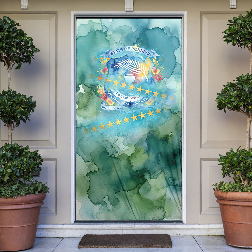Pohnpei Federated States Of Micronesia Door Cover Watercolor Heritage Graphic Art With State Seal And Tropical Stars