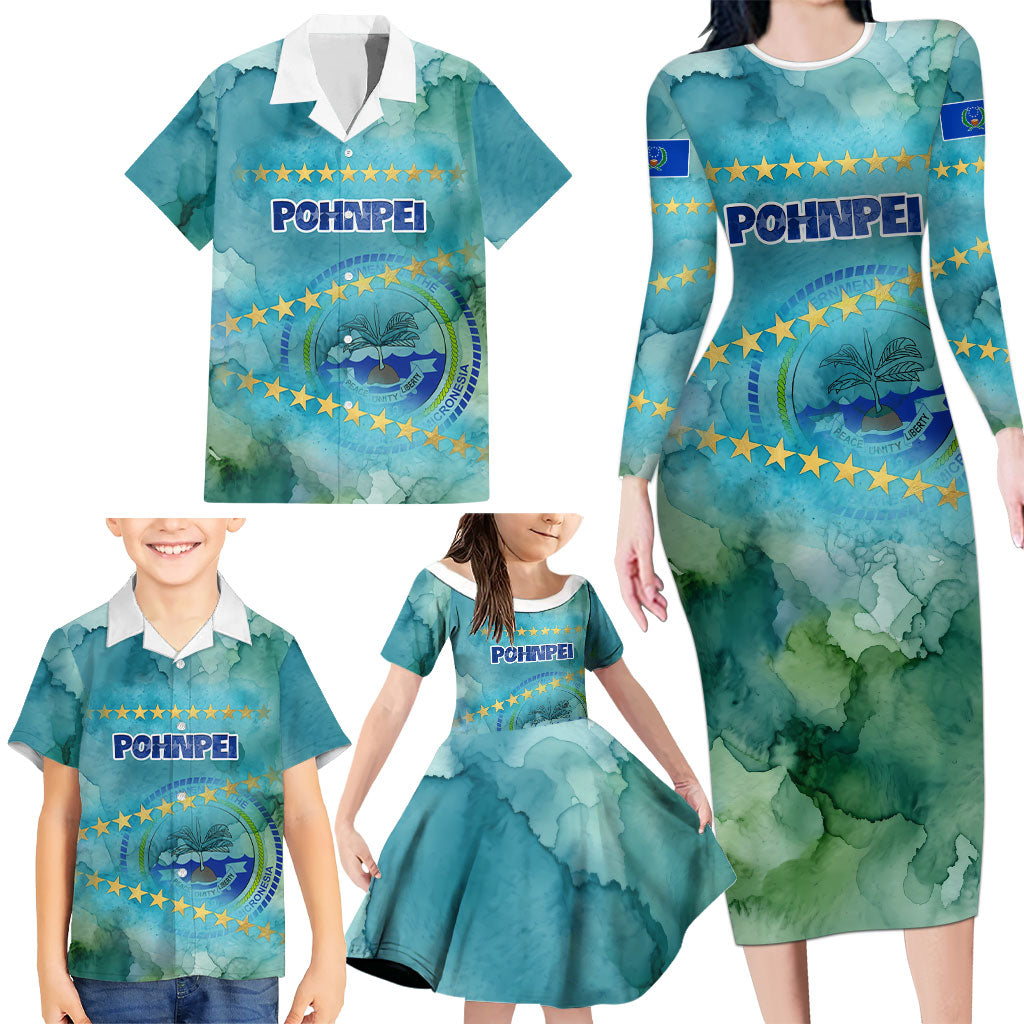 Pohnpei Federated States Of Micronesia Family Matching Long Sleeve Bodycon Dress and Hawaiian Shirt Watercolor Heritage Graphic Art With State Seal And Tropical Stars
