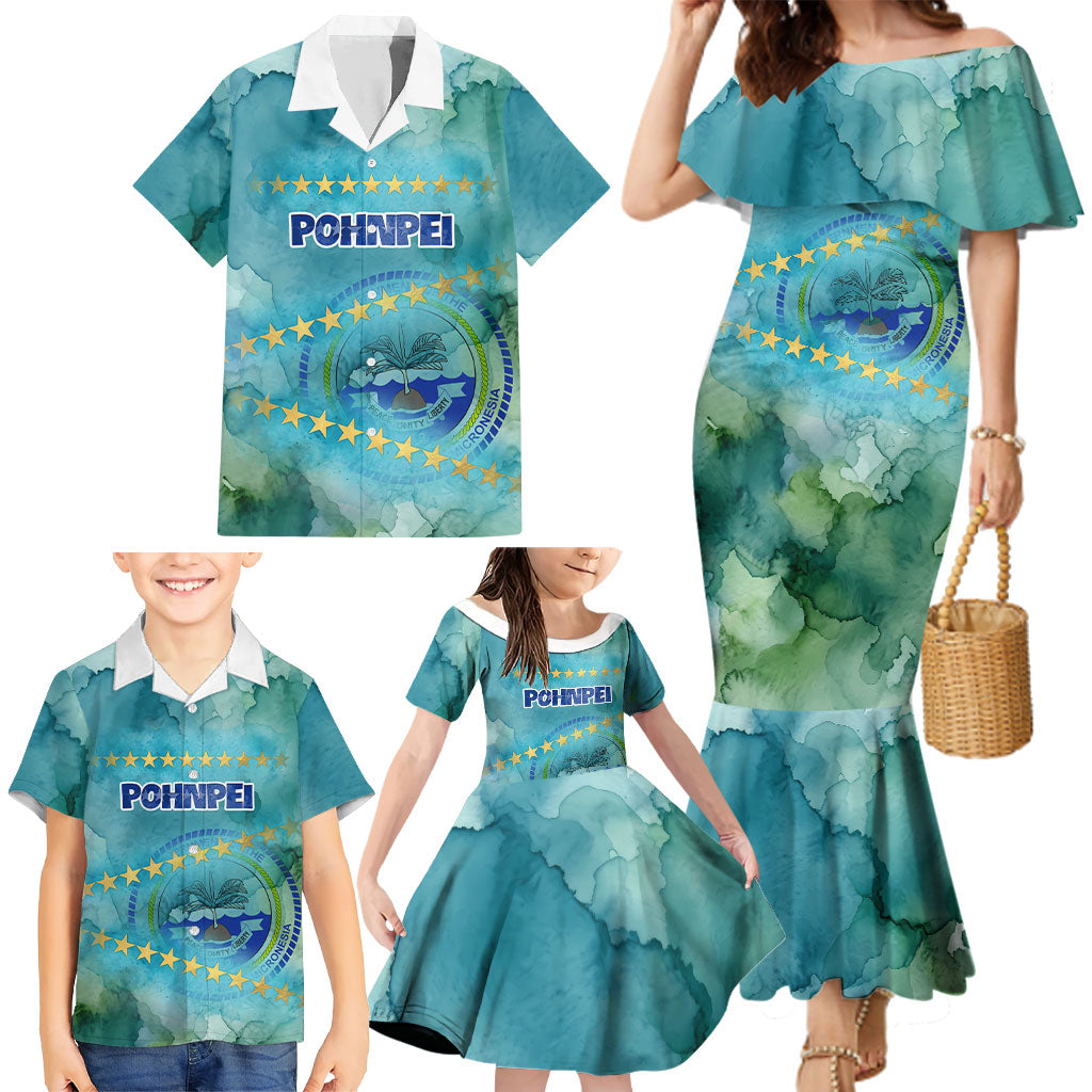 Pohnpei Federated States Of Micronesia Family Matching Mermaid Dress and Hawaiian Shirt Watercolor Heritage Graphic Art With State Seal And Tropical Stars