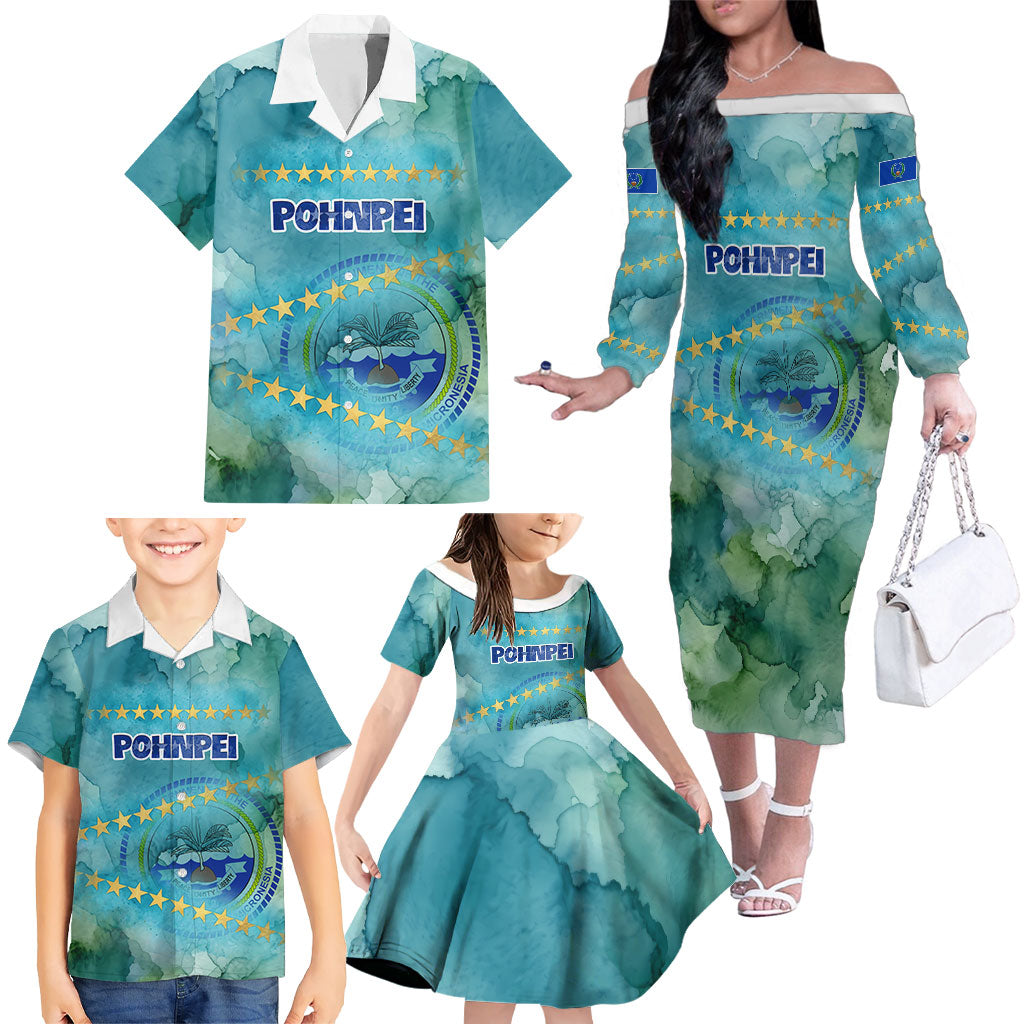 Pohnpei Federated States Of Micronesia Family Matching Off The Shoulder Long Sleeve Dress and Hawaiian Shirt Watercolor Heritage Graphic Art With State Seal And Tropical Stars