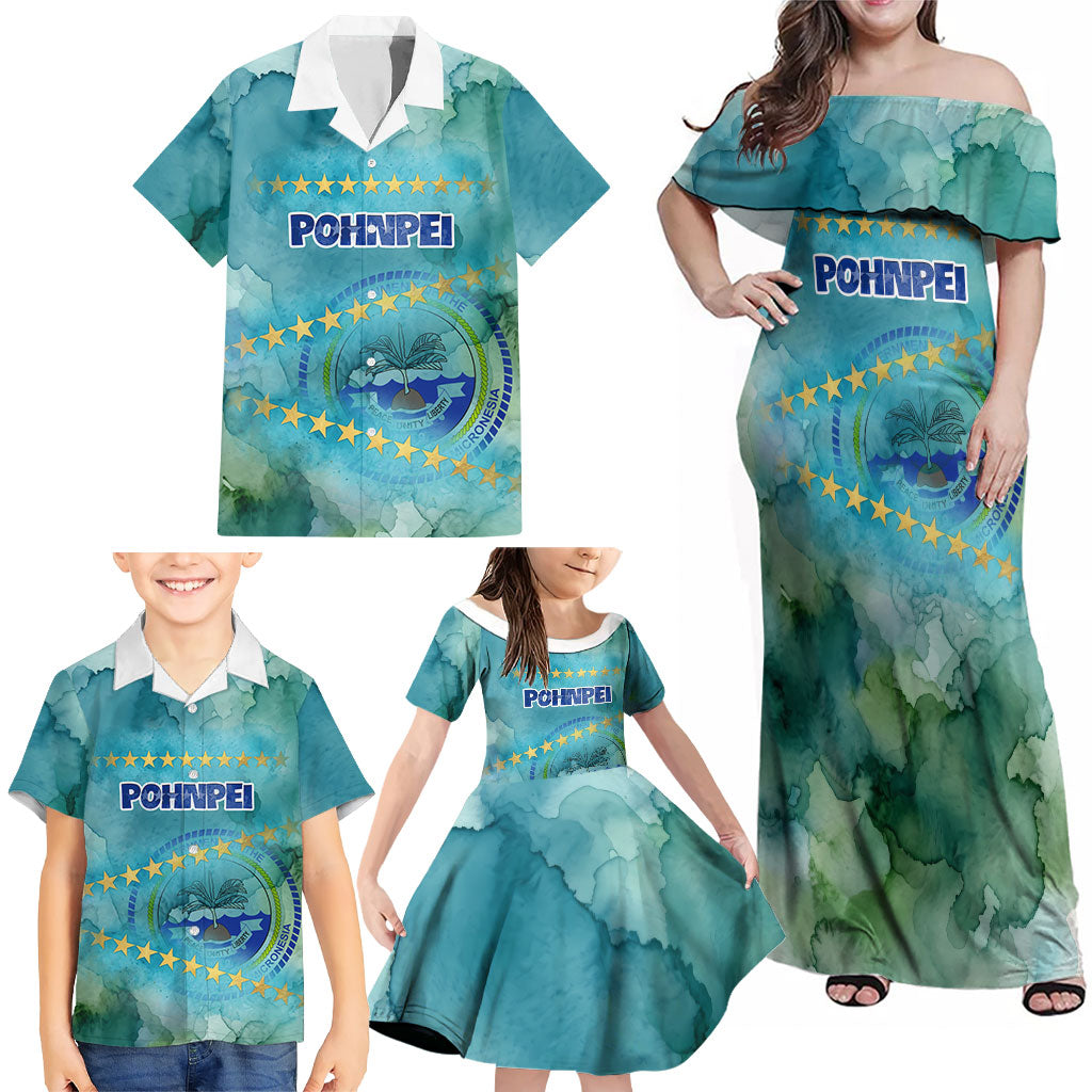 Pohnpei Federated States Of Micronesia Family Matching Off Shoulder Maxi Dress and Hawaiian Shirt Watercolor Heritage Graphic Art With State Seal And Tropical Stars