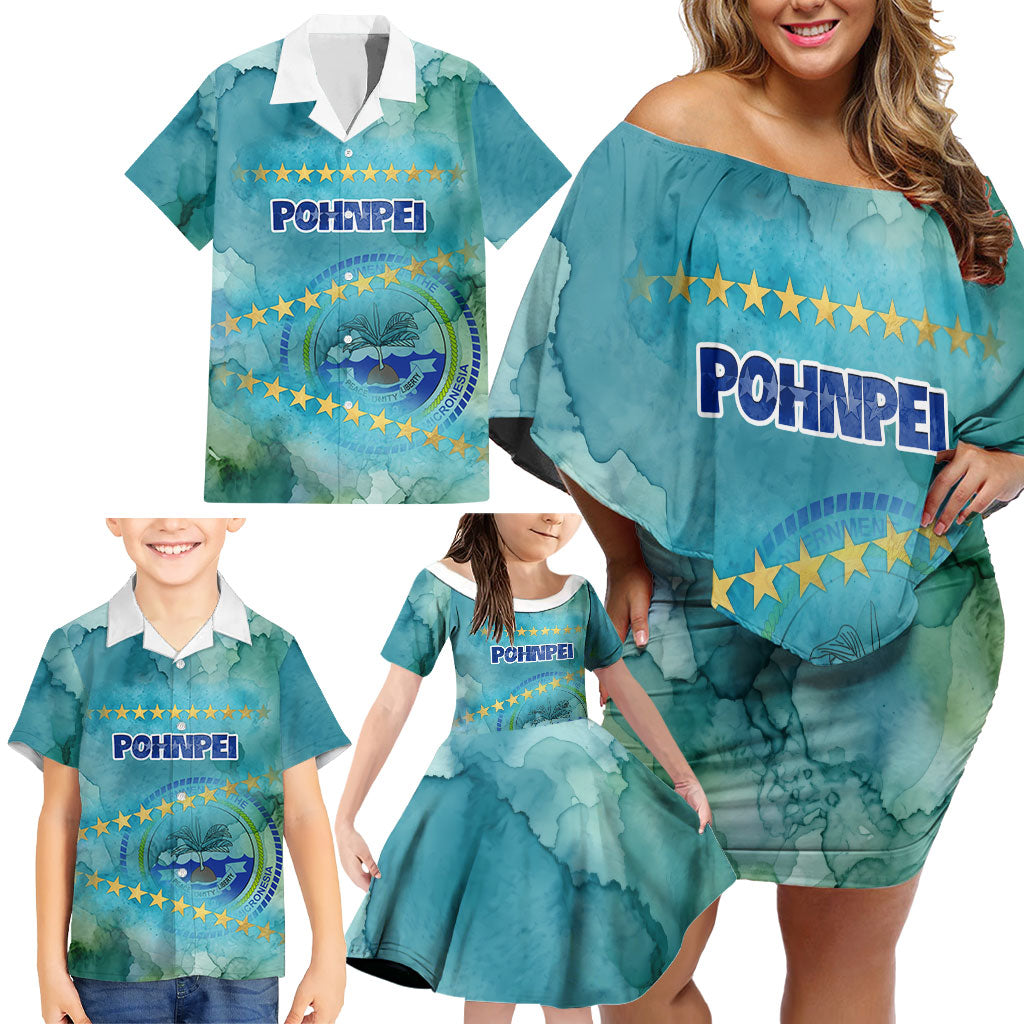 Pohnpei Federated States Of Micronesia Family Matching Off Shoulder Short Dress and Hawaiian Shirt Watercolor Heritage Graphic Art With State Seal And Tropical Stars
