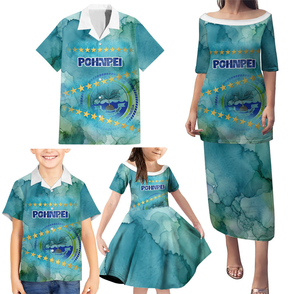 Pohnpei Federated States Of Micronesia Family Matching Puletasi and Hawaiian Shirt Watercolor Heritage Graphic Art With State Seal And Tropical Stars
