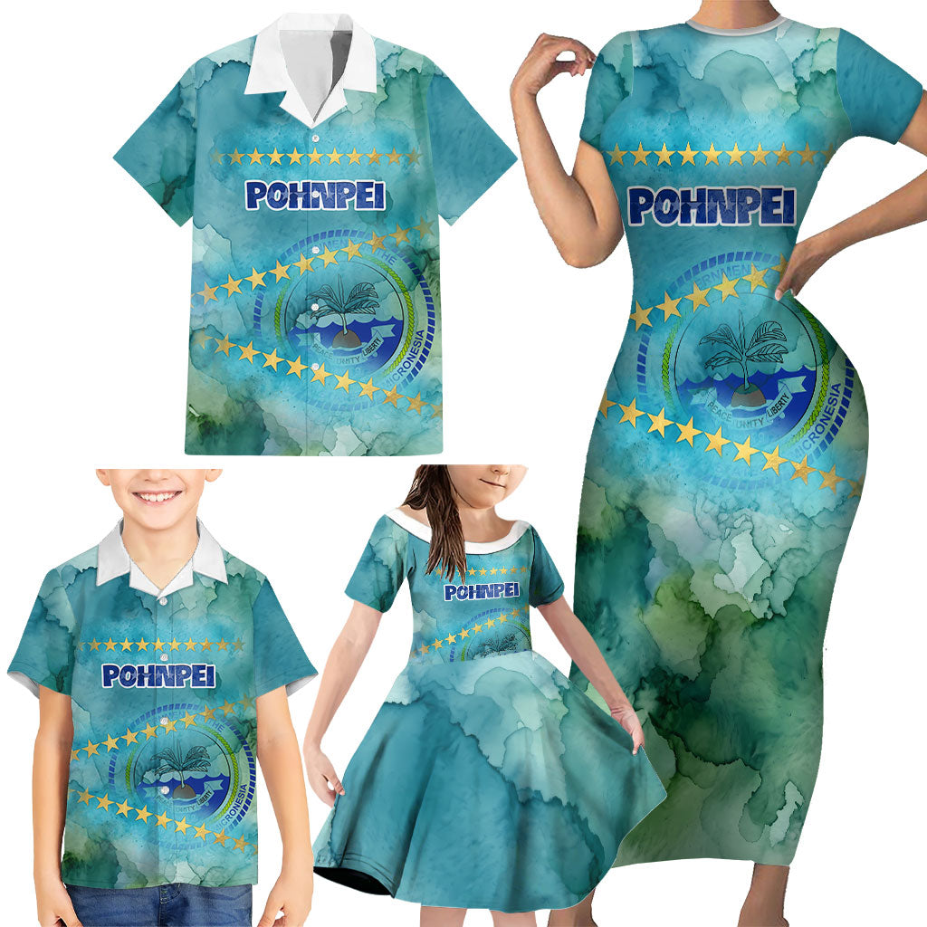 Pohnpei Federated States Of Micronesia Family Matching Short Sleeve Bodycon Dress and Hawaiian Shirt Watercolor Heritage Graphic Art With State Seal And Tropical Stars
